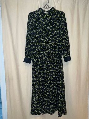 LK Bennett Navy Long-Sleeve Maxi Dress with Lime Script Motif